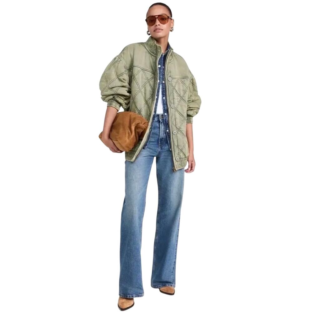 FREE PEOPLE Juno Quilted Olive Green Zip and Button Up Boho Jacket